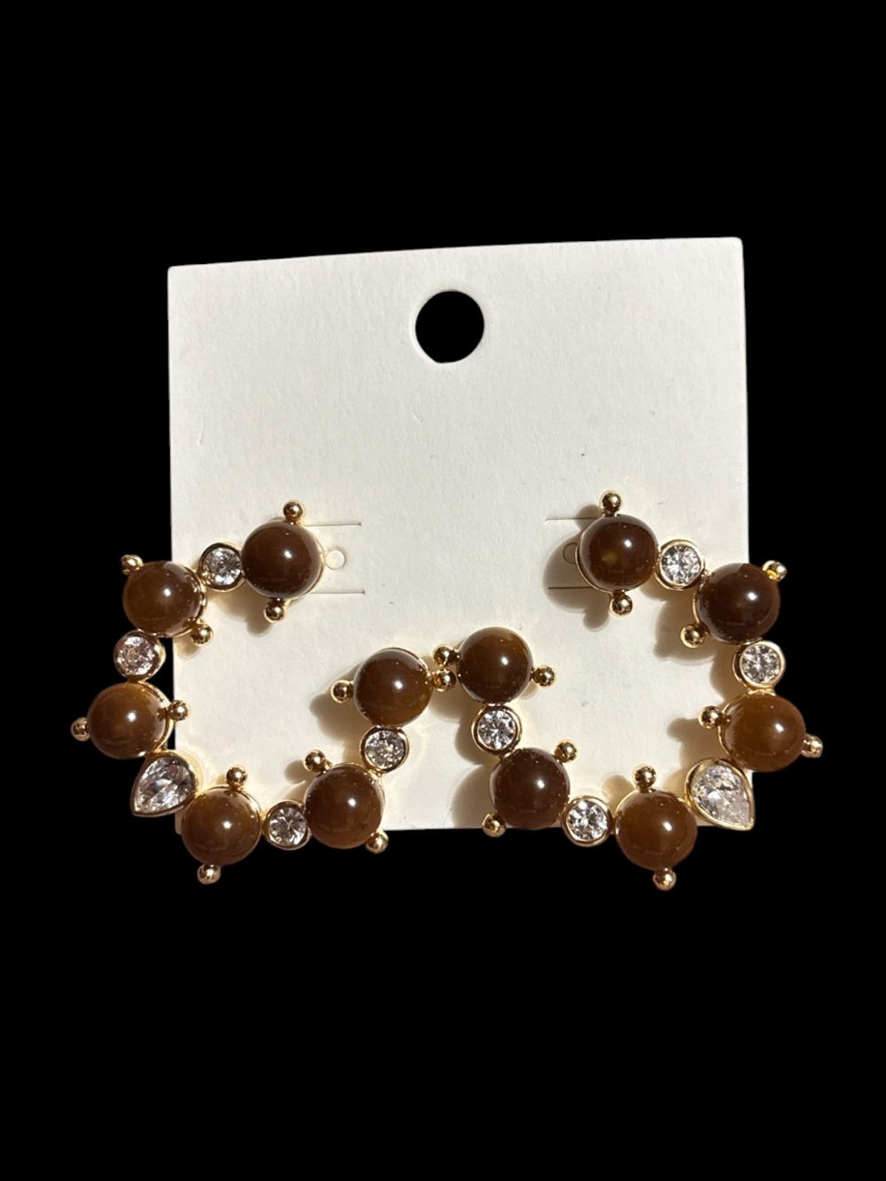 Gold-Tone Brown Stone Hoop Earrings
